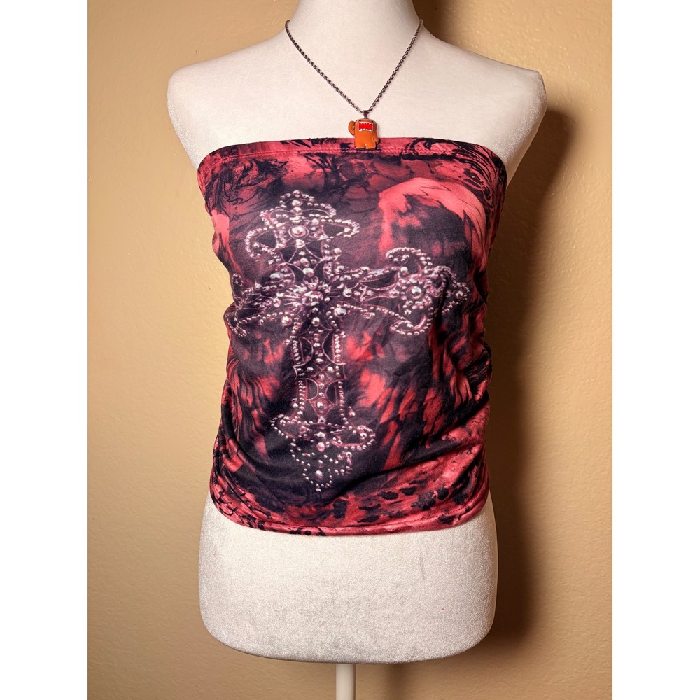 Scene Pink Black Gothic Cross Tube Top Strapless Grunge Emo Small